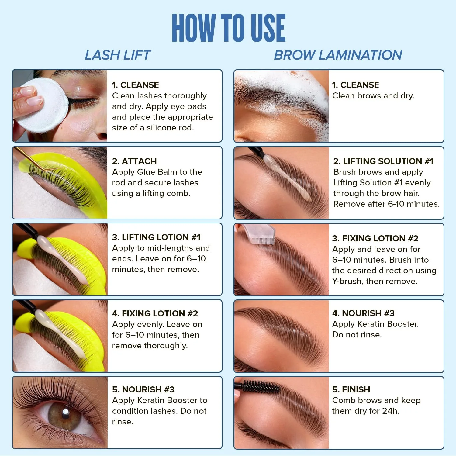 Illustrated lash lift and brow lamination steps